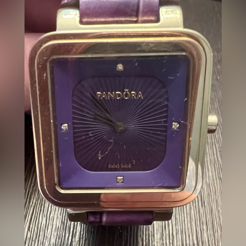 Pandora Watch, EUC. Croc embossed purple leather band. Black crown diamond.